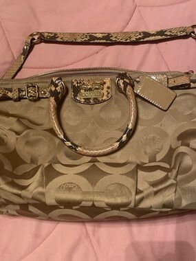 Coach Gold-Tan Signature Satchel with Snake-Print Handles. 100% Authentic